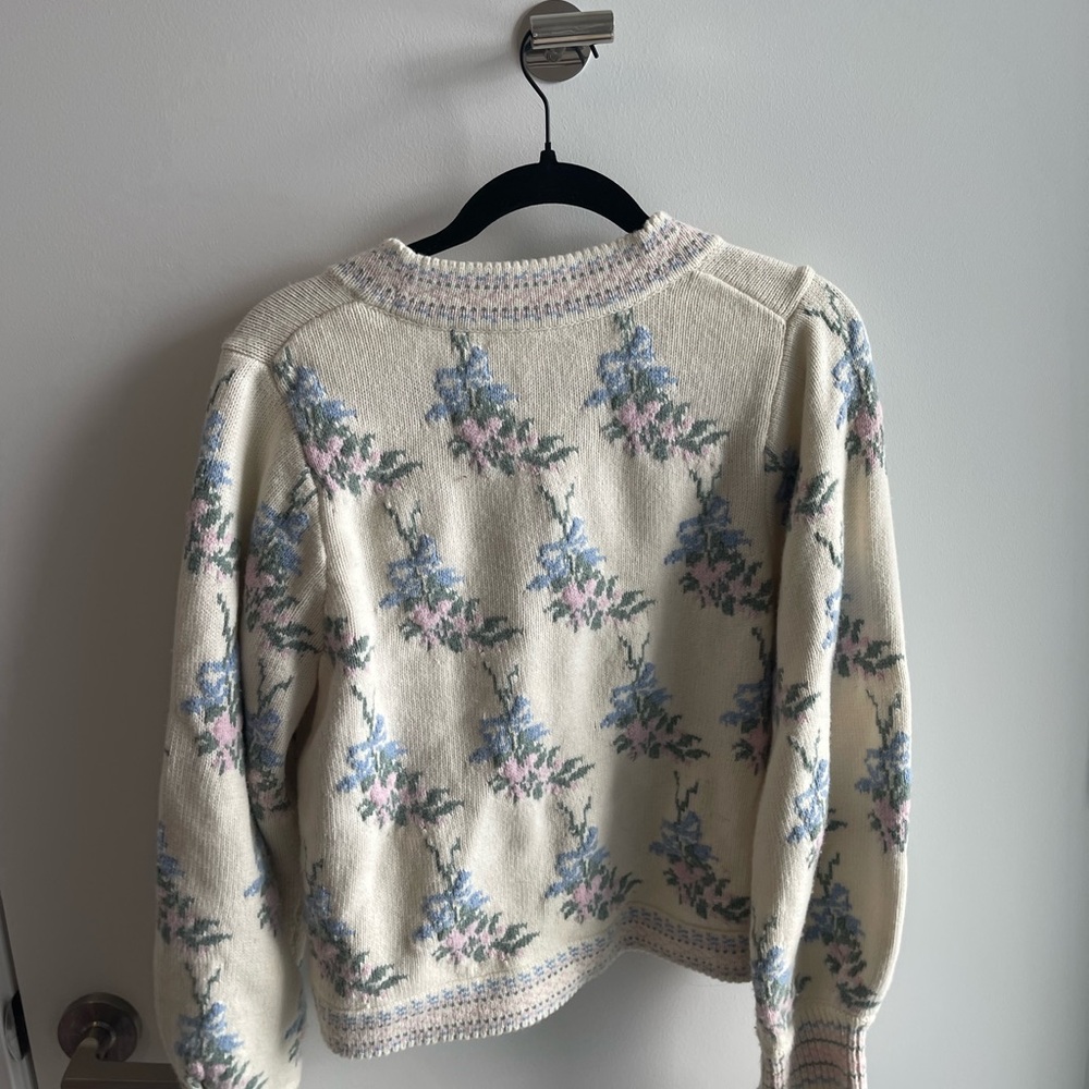Love Shack Fancy Floral Knit Cardigan Sweater - White and Blue - Picture 8 of 8